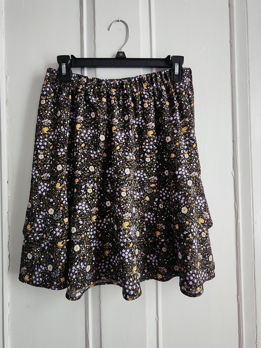 Floral Tiered Black Loft Skirt with Yellow Accents